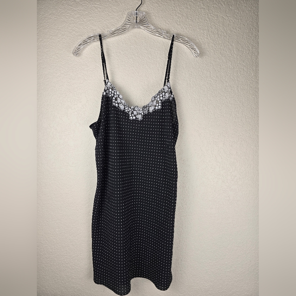 Chic Black White Polka‎ Dot Slip Dress Chemise Lace Trim Spaghetti Strap S/M
